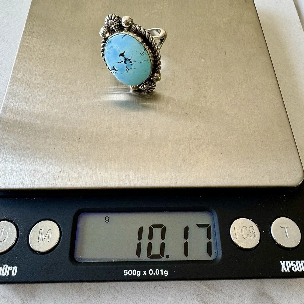 Navajo Blue Golden Hils Turquoise Ring Size 9 Signed Shakey Sterling Native Amer
